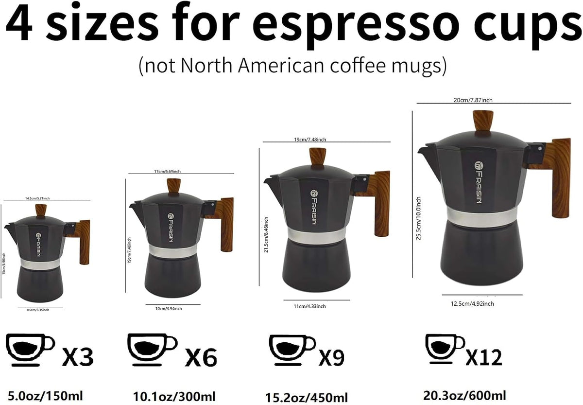 Stovetop Espresso Moka Pot Coffee Maker, Non-Slip Wood Grain Handle, Cast Aluminum, Compatible with Gas, and Electric Stoves (Black, 3 Cups)