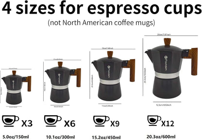 Stovetop Espresso Moka Pot Coffee Maker, Non-Slip Wood Grain Handle, Cast Aluminum, Compatible with Gas, and Electric Stoves (Black, 3 Cups)