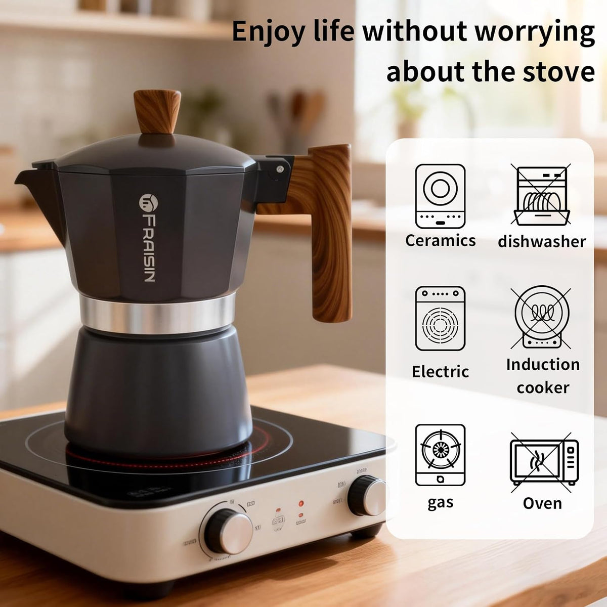 Stovetop Espresso Moka Pot Coffee Maker, Non-Slip Wood Grain Handle, Cast Aluminum, Compatible with Gas, and Electric Stoves (Black, 3 Cups)