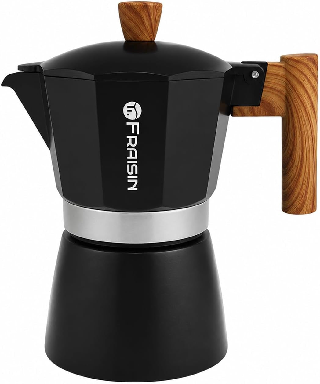 Stovetop Espresso Moka Pot Coffee Maker, Non-Slip Wood Grain Handle, Cast Aluminum, Compatible with Gas, and Electric Stoves (Black, 3 Cups)