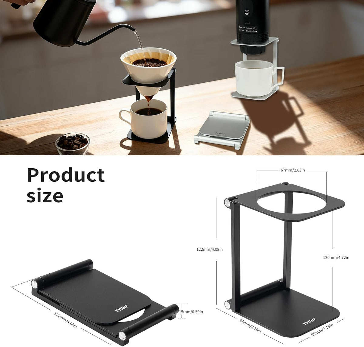 Pour over Coffee Maker Stand,Foldable Portable Electric Espresso Machine Stand for Outin,Holder for Coffee Grinder,Universal Dripper,V60 Dripper,Travel Coffee Maker, Press Square&Black