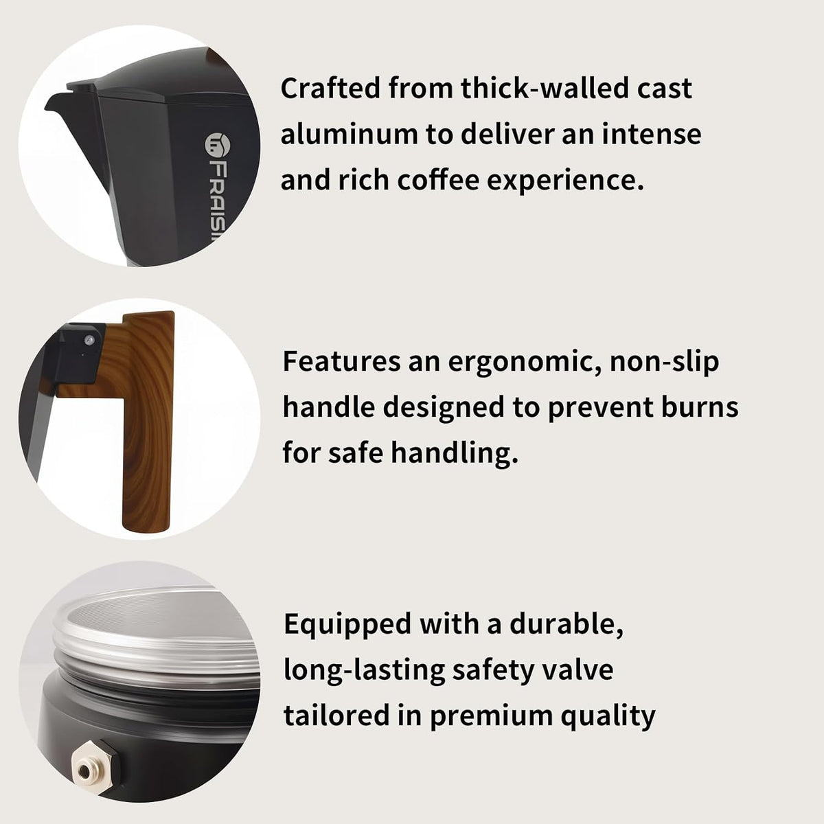 Stovetop Espresso Moka Pot Coffee Maker, Non-Slip Wood Grain Handle, Cast Aluminum, Compatible with Gas, and Electric Stoves (Black, 3 Cups)