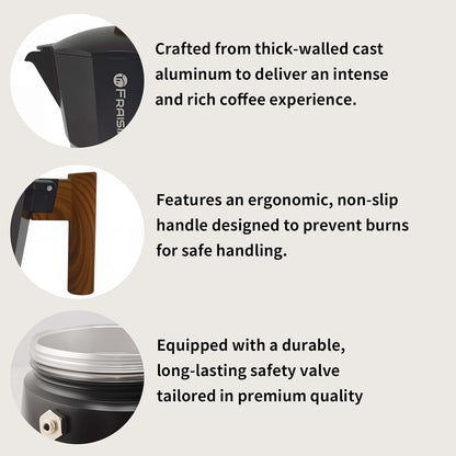 Stovetop Espresso Moka Pot Coffee Maker, Non-Slip Wood Grain Handle, Cast Aluminum, Compatible with Gas, and Electric Stoves (Black, 3 Cups)
