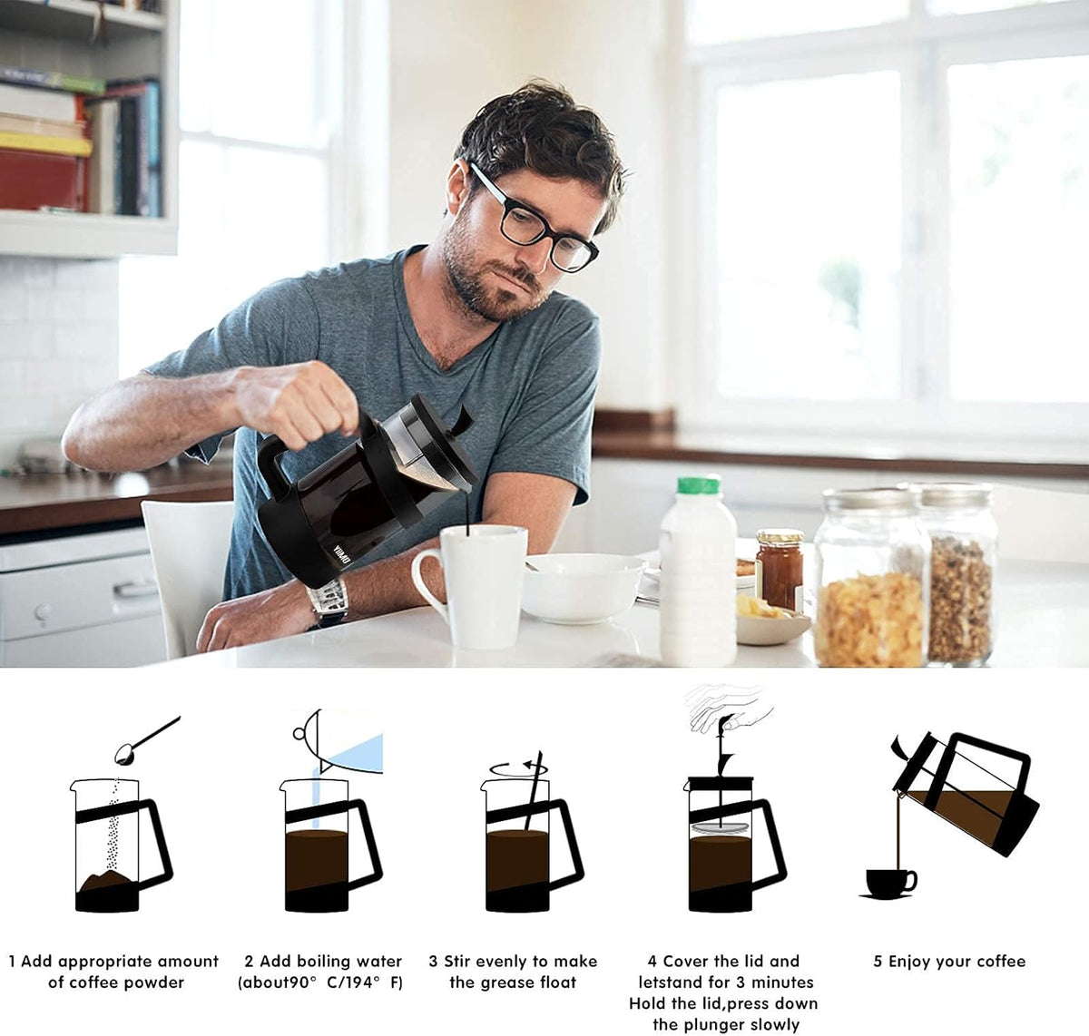 French Press Coffee Maker, 34 Oz Large Glass Pitcher