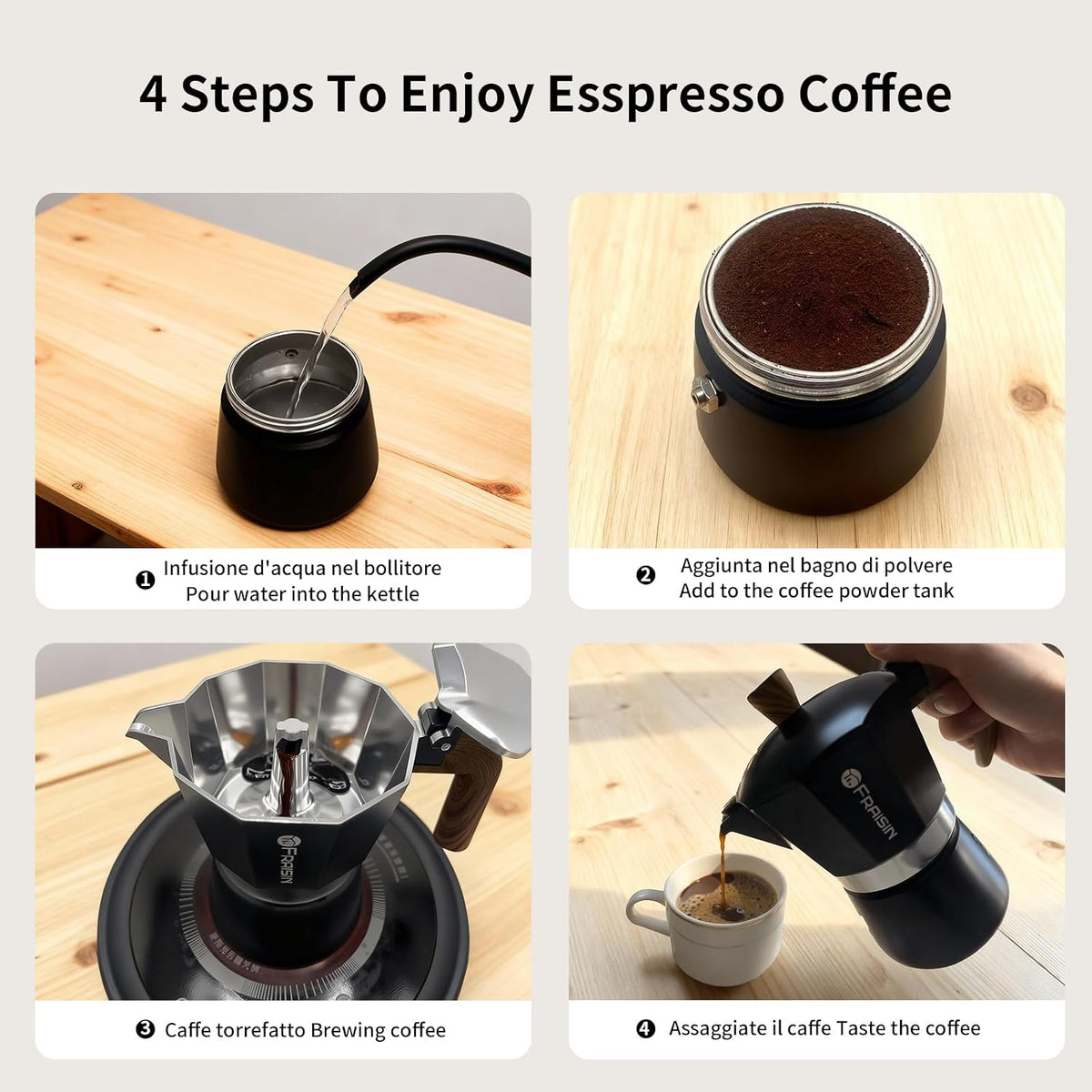Stovetop Espresso Moka Pot Coffee Maker, Non-Slip Wood Grain Handle, Cast Aluminum, Compatible with Gas, and Electric Stoves (Black, 3 Cups)