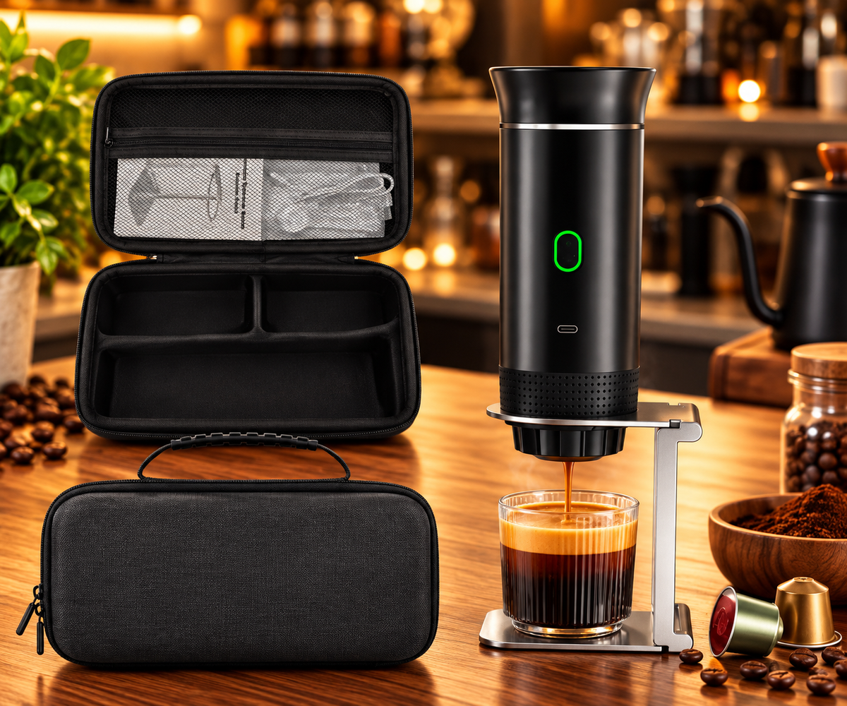 Portable espresso machine with silver stand and travel case in a warm café setting