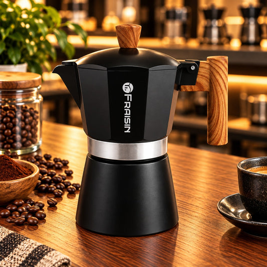 Black stovetop moka pot with wood-style handle on coffee table