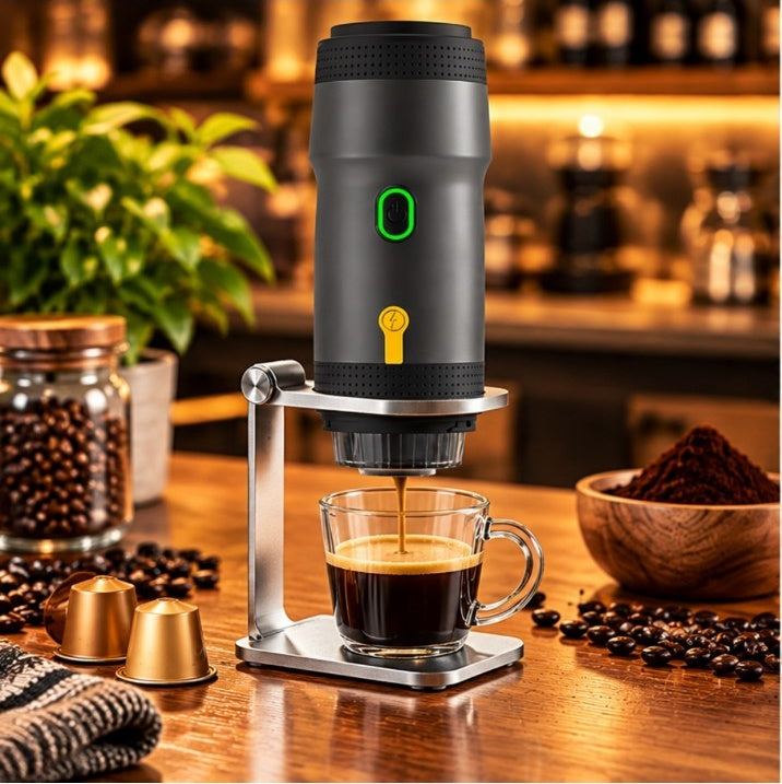 Portable espresso machine on silver stand brewing coffee
