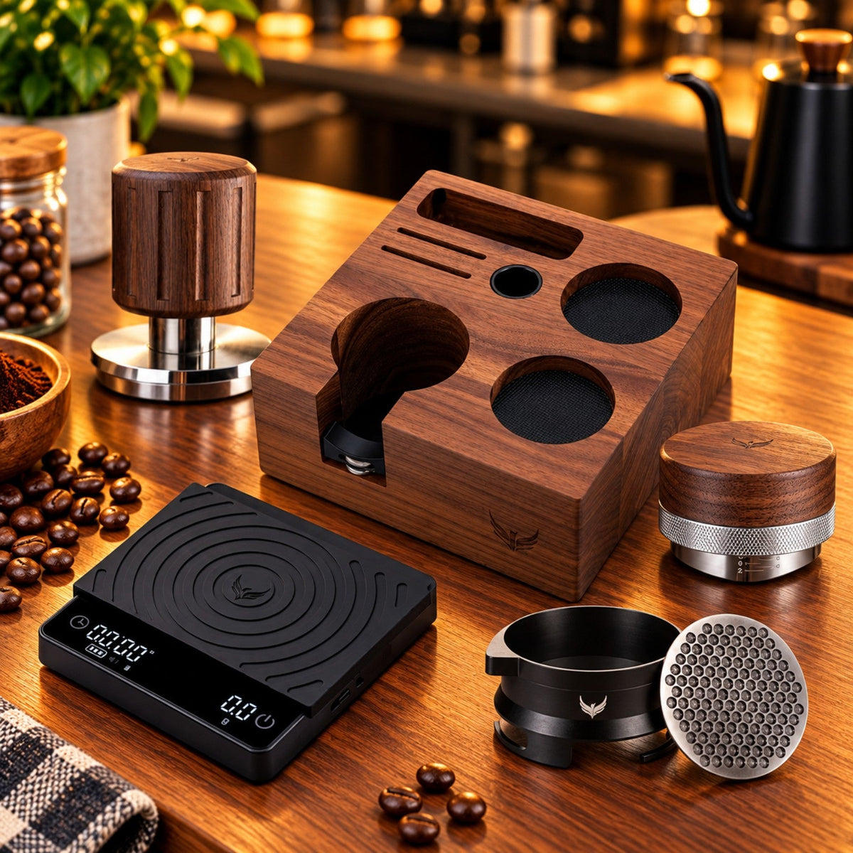 Walnut espresso tamping station
